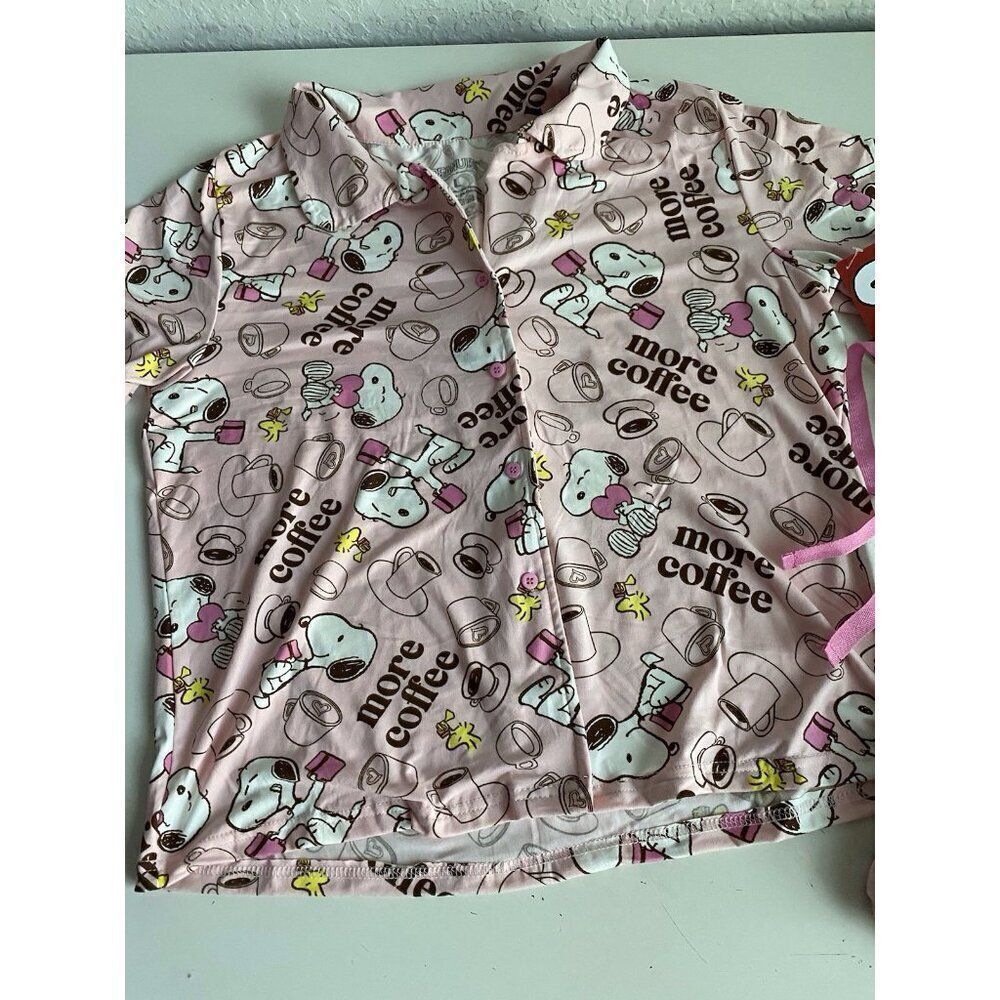 Peanuts SNOOPY Pink Women’s Sz L‎ Pajama PJ Set Pants Short Sleeve More Coffee - Picture 3 of 12